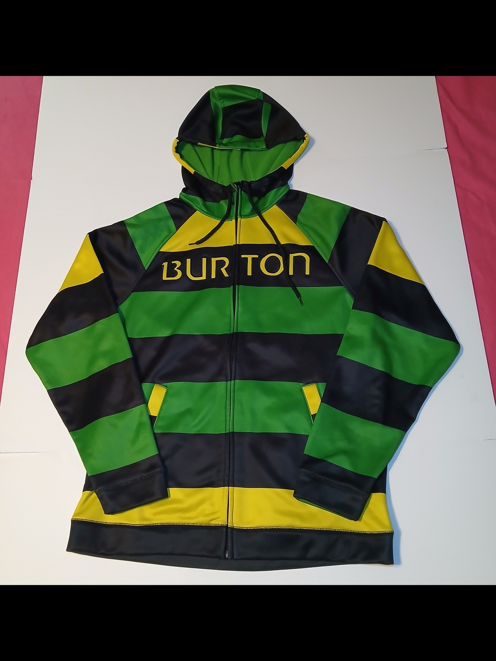 Burton Green, Black & Yellow Striped Snowboarding Zip-Up Hoodie Sz L